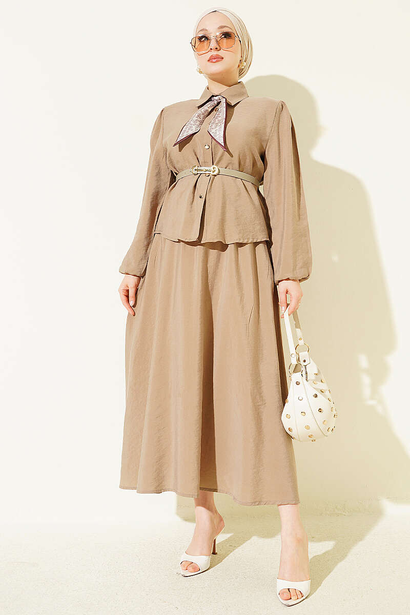 Two-Piece Skirt Set with Scarf Belt - Beige