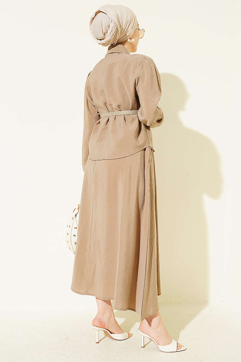 Two-Piece Skirt Set with Scarf Belt - Beige