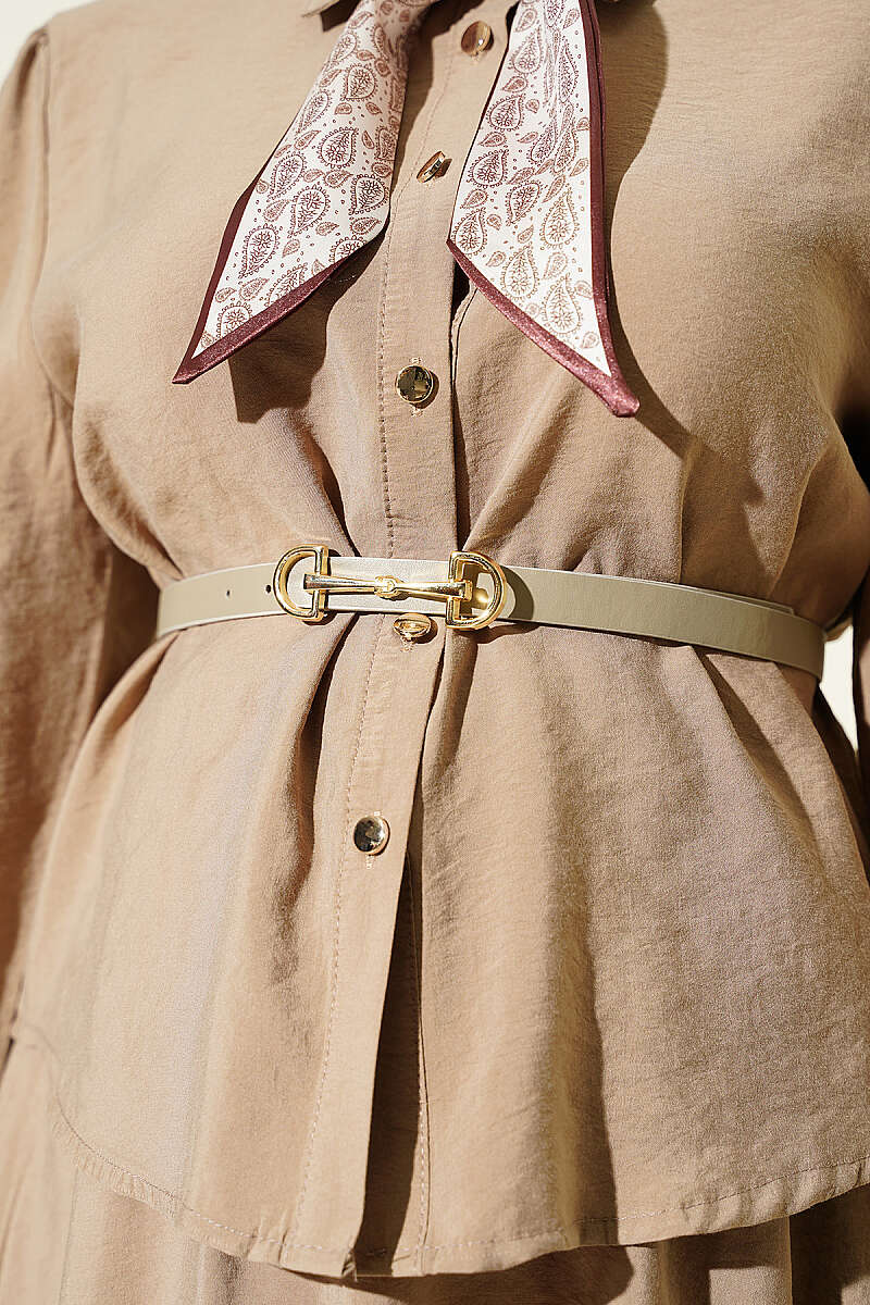 Two-Piece Skirt Set with Scarf Belt - Beige