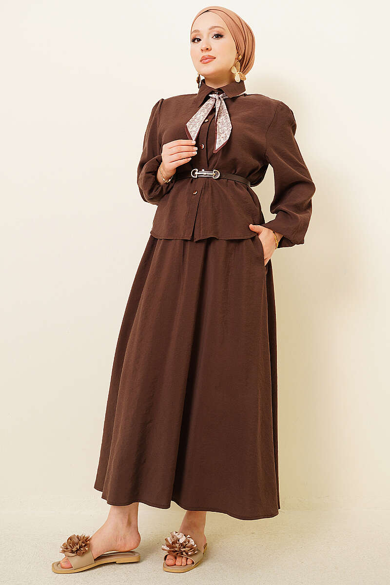 Two-Piece Skirt Set with Scarf Belt - Brown