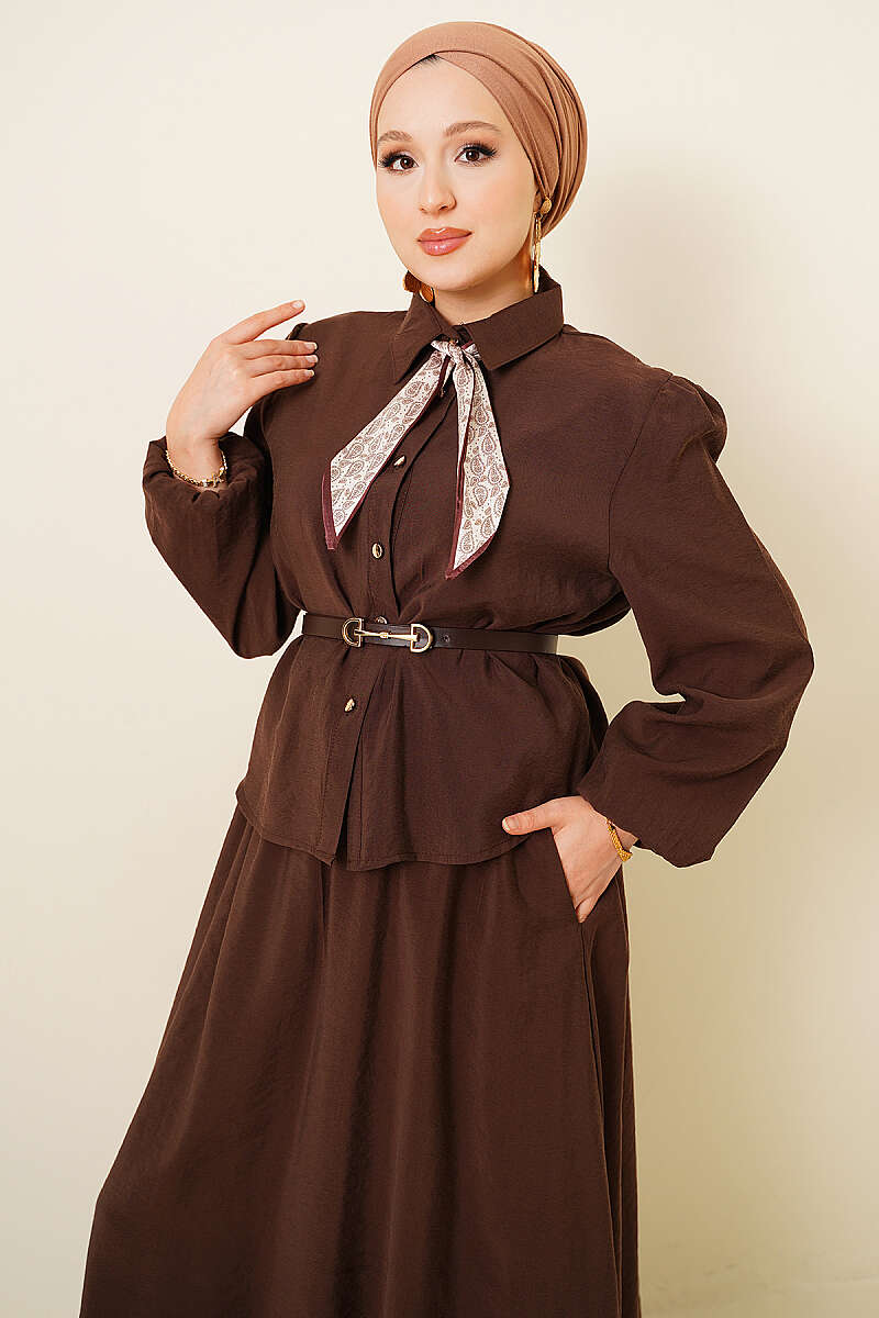 Two-Piece Skirt Set with Scarf Belt - Brown