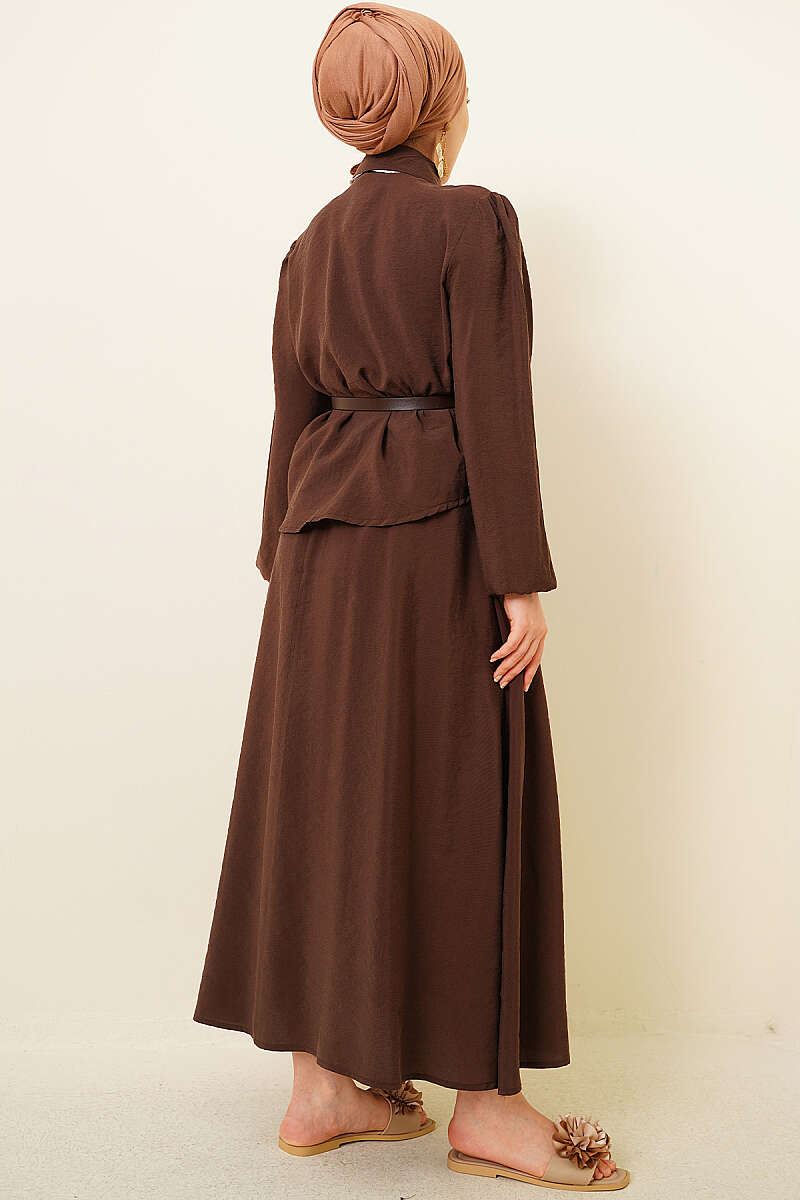 Two-Piece Skirt Set with Scarf Belt - Brown