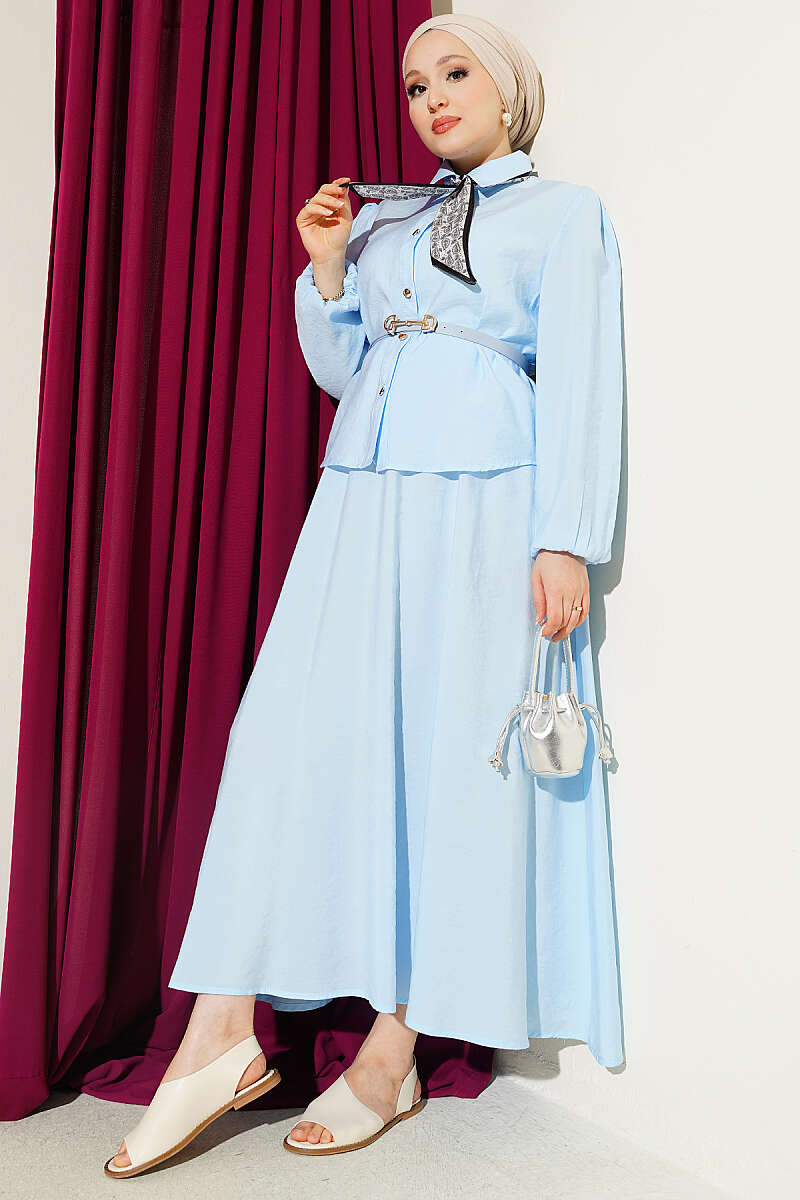 Two-Piece Skirt Set with Scarf Belt - Blue