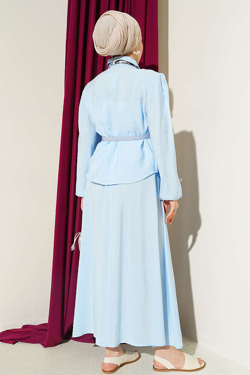 Two-Piece Skirt Set with Scarf Belt - Blue