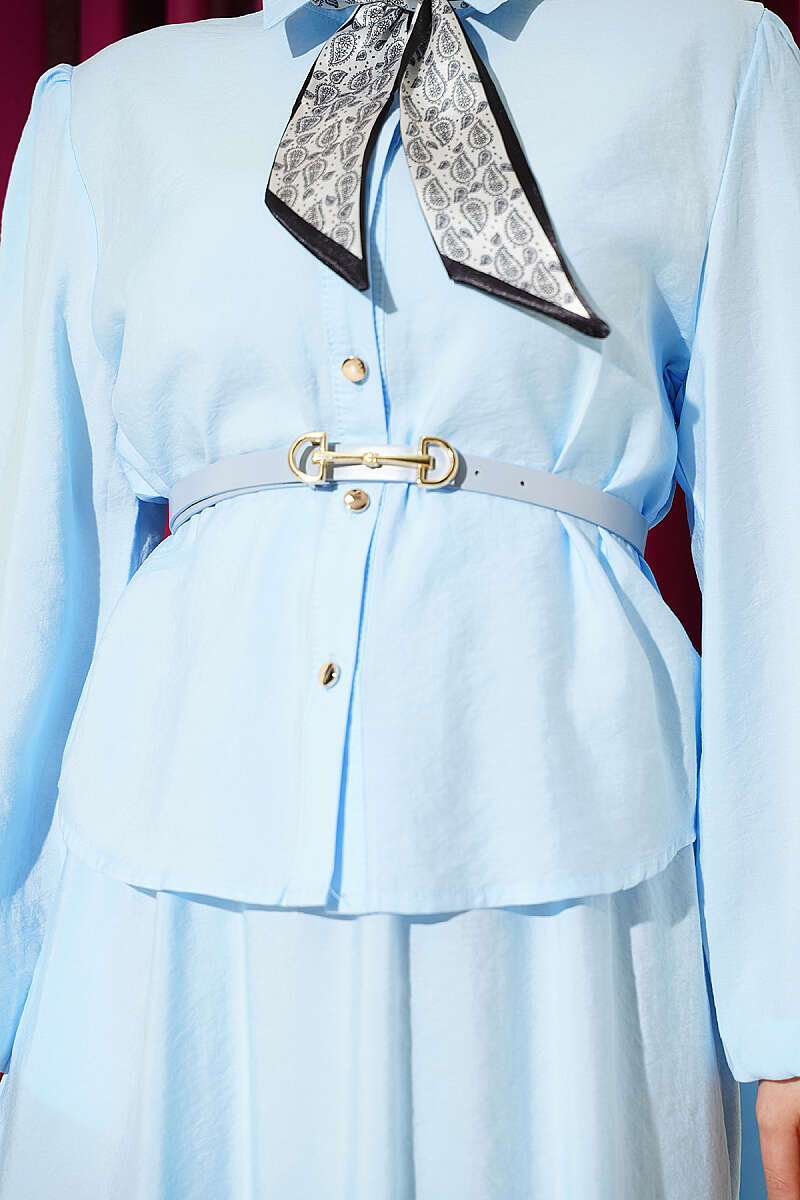Two-Piece Skirt Set with Scarf Belt - Blue