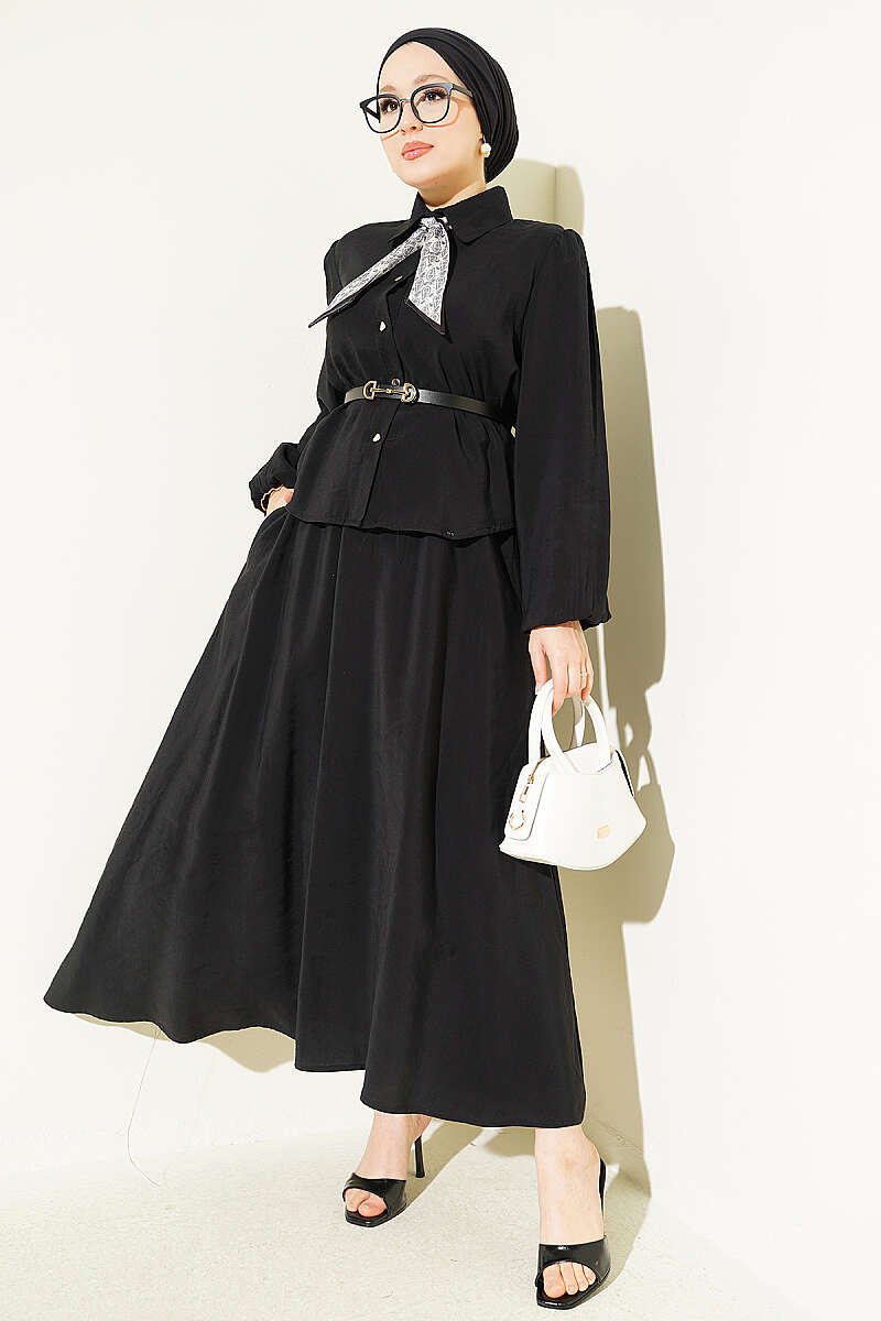 Two-Piece Skirt Set with Scarf Belt - Black