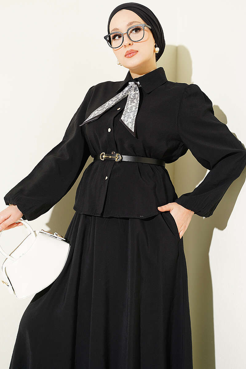 Two-Piece Skirt Set with Scarf Belt - Black