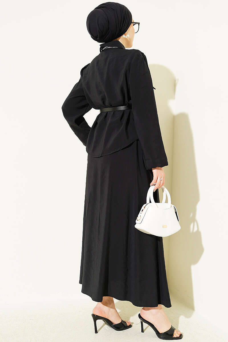 Two-Piece Skirt Set with Scarf Belt - Black