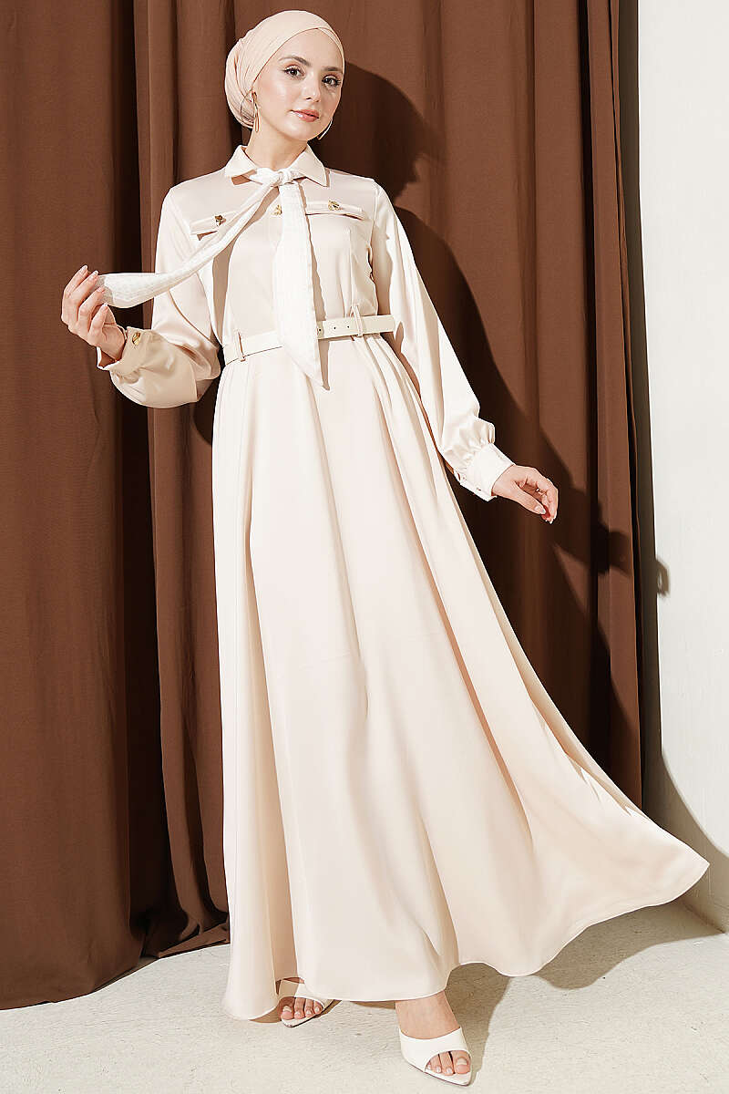 Belted Satin Evening Dress with Scarf - Beige