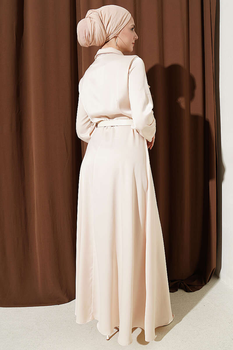 Belted Satin Evening Dress with Scarf - Beige