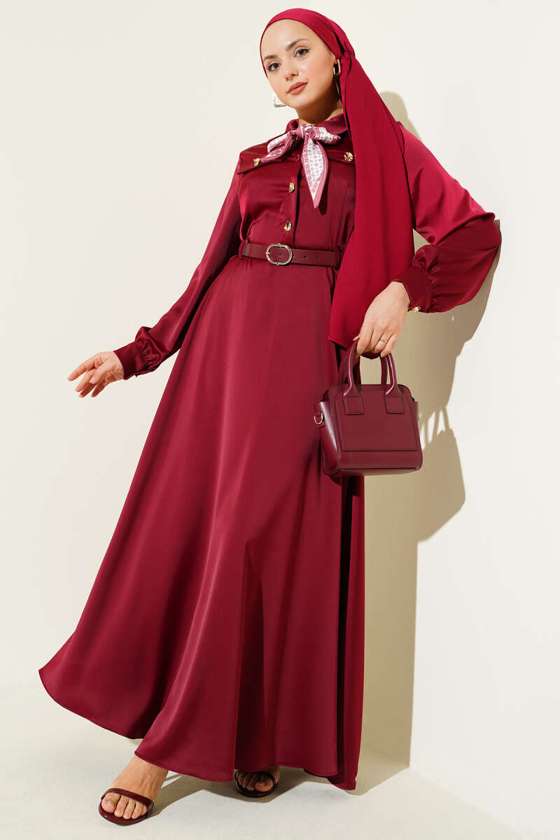 Belted Satin Evening Dress with Scarf - Burgundy