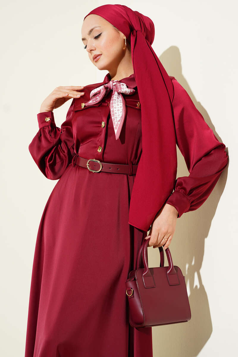 Belted Satin Evening Dress with Scarf - Burgundy