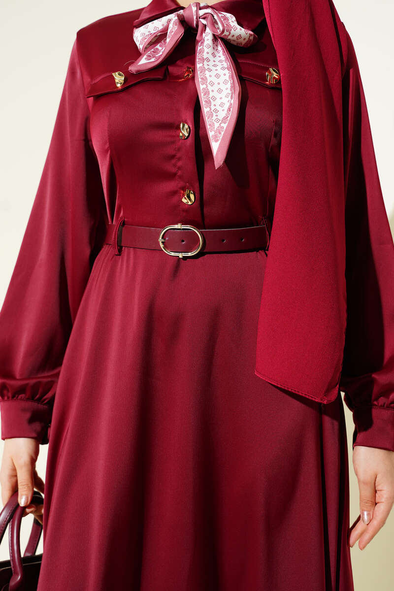 Belted Satin Evening Dress with Scarf - Burgundy