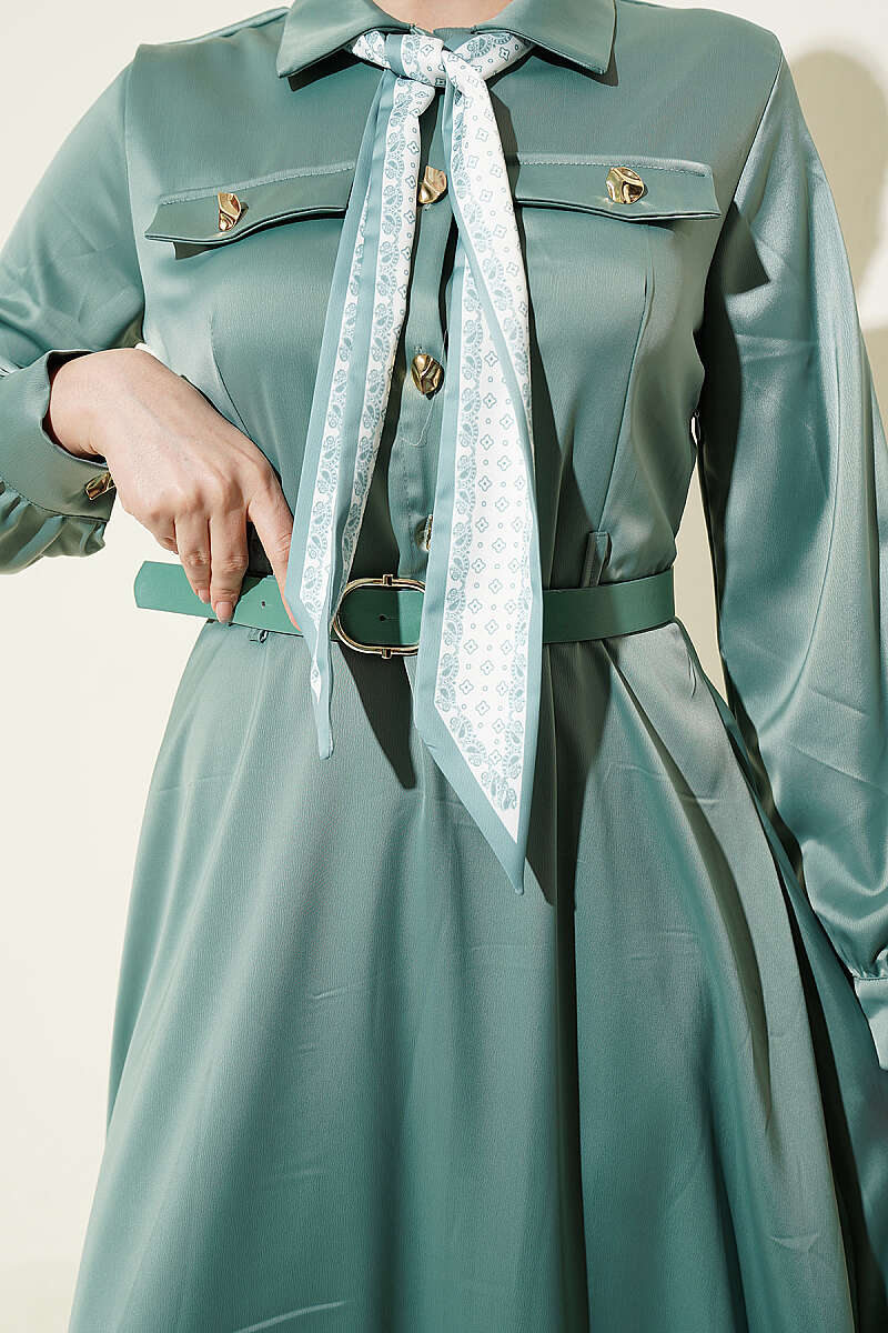 Belted Satin Evening Dress with Scarf - Almond Green