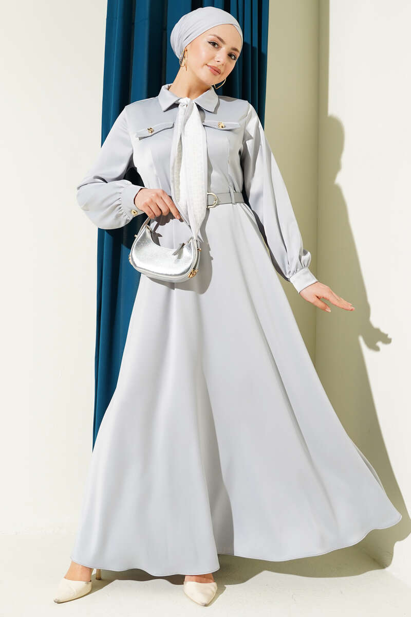 Belted Satin Evening Dress with Scarf - Grey