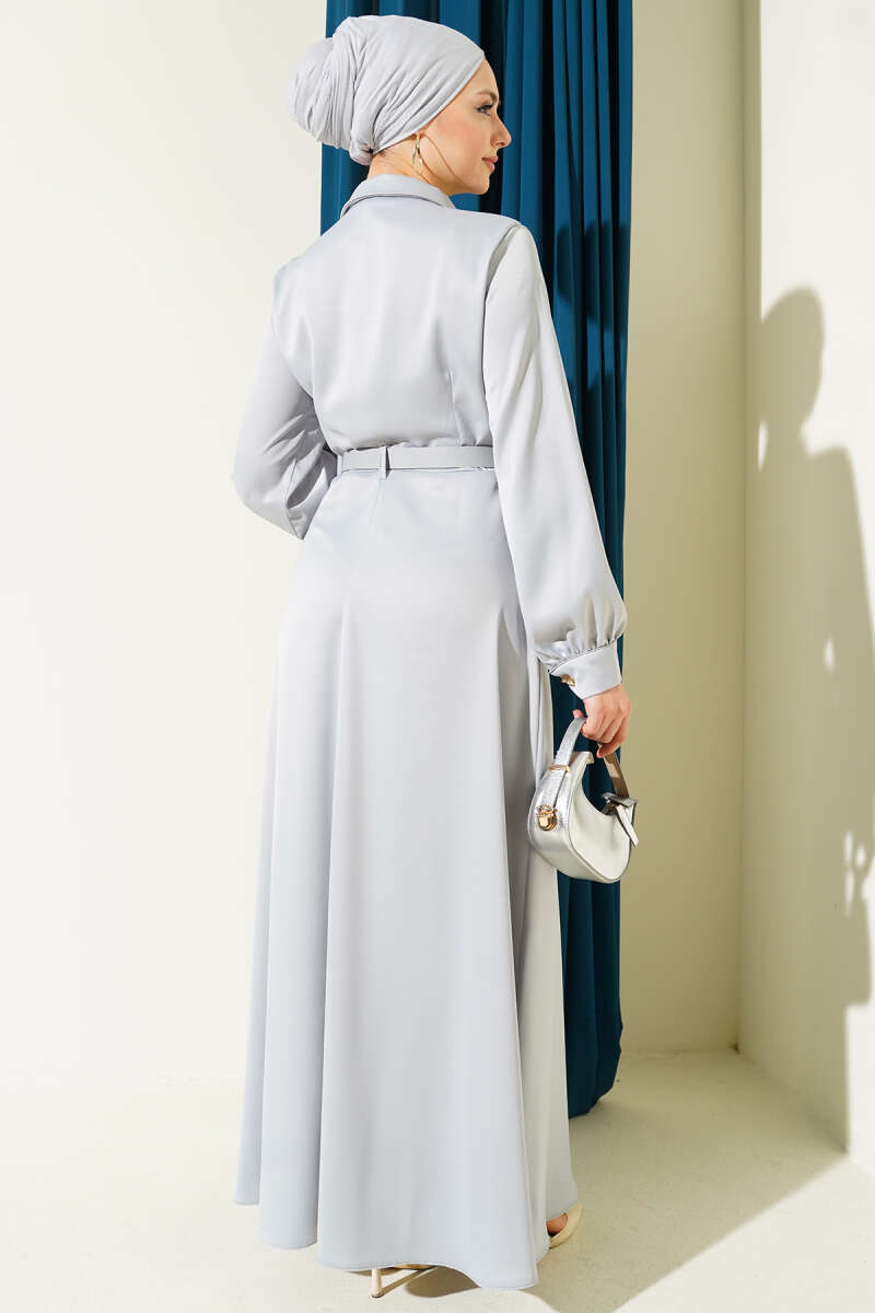 Belted Satin Evening Dress with Scarf - Grey