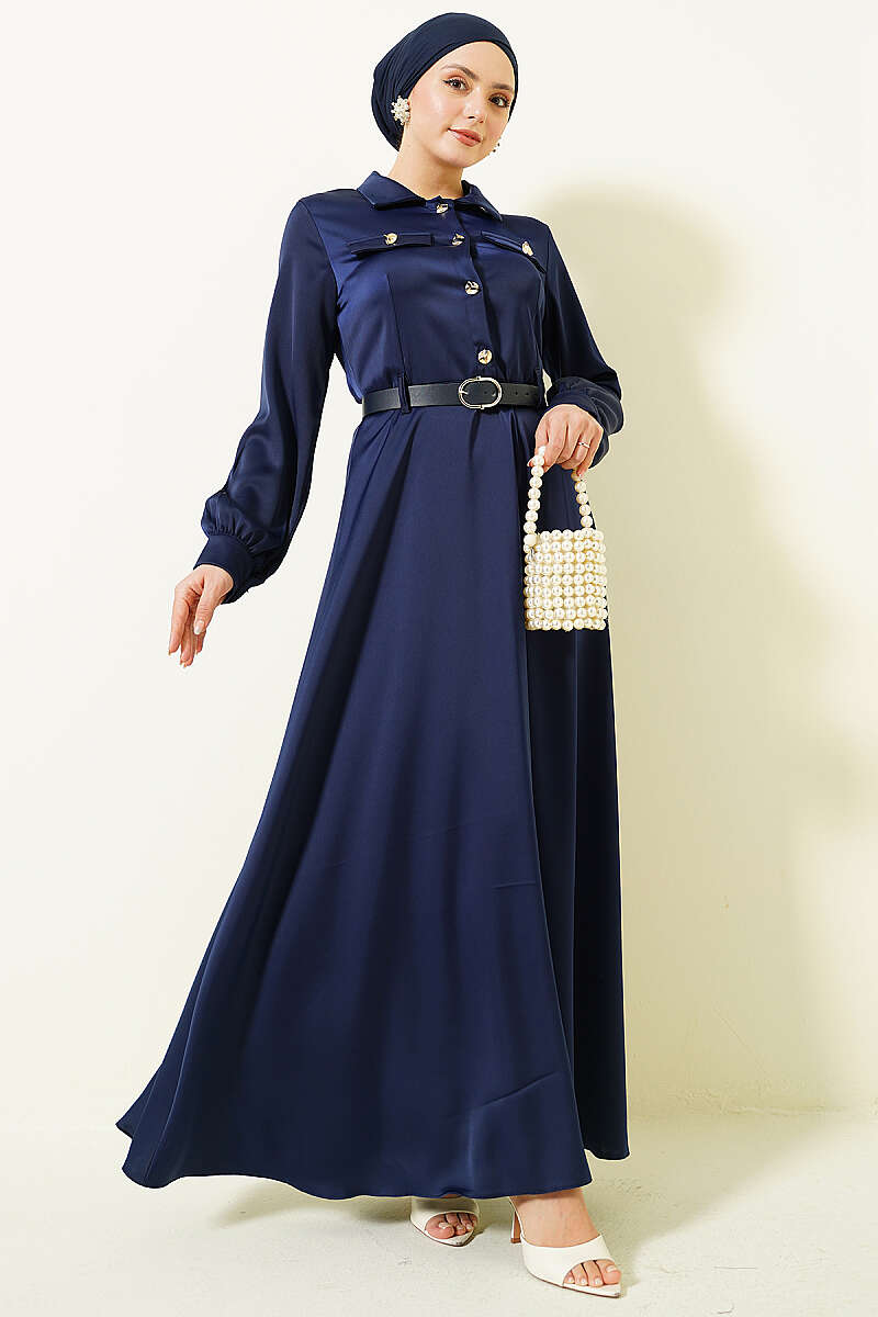 Belted Satin Evening Dress with Scarf - Navy
