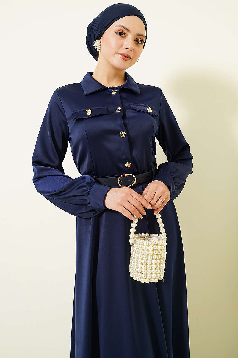 Belted Satin Evening Dress with Scarf - Navy