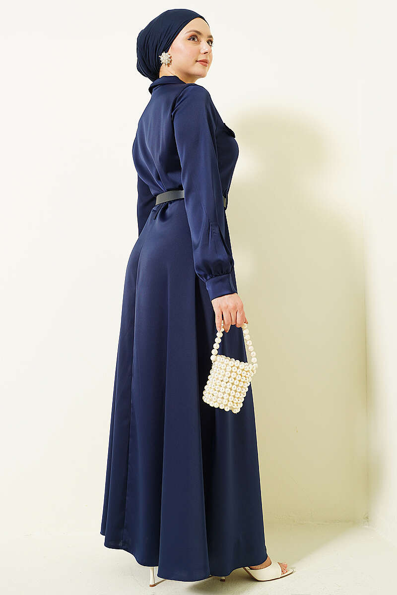 Belted Satin Evening Dress with Scarf - Navy