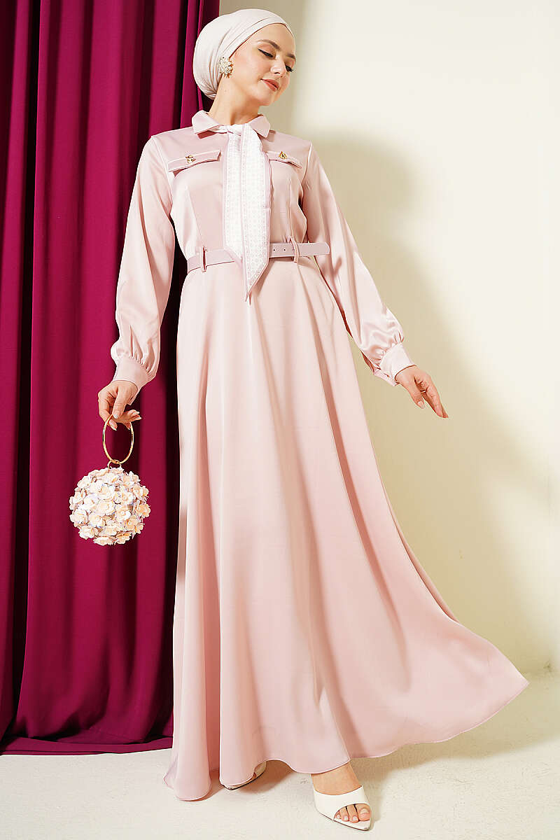 Belted Satin Evening Dress with Scarf - Powder