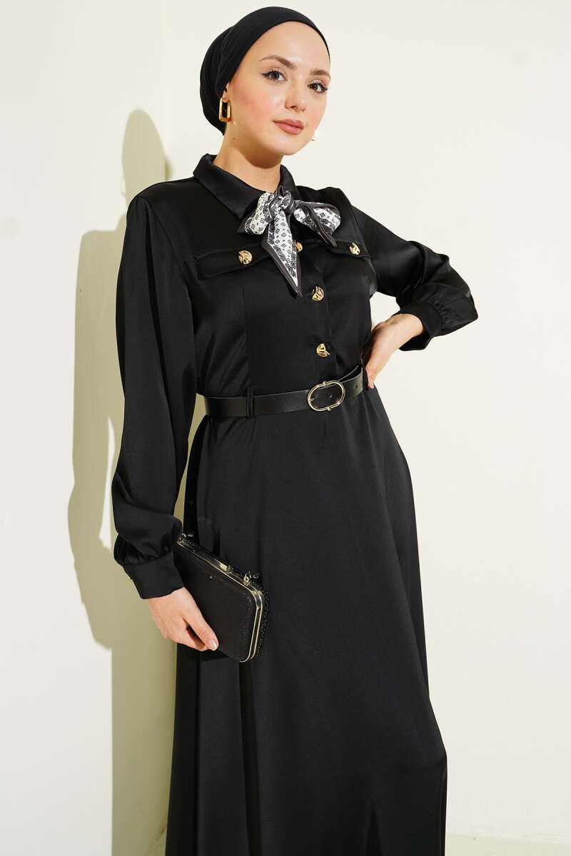Belted Satin Evening Dress with Scarf - Black