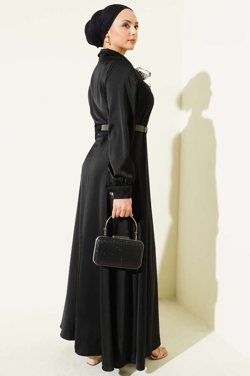 Belted Satin Evening Dress with Scarf - Black