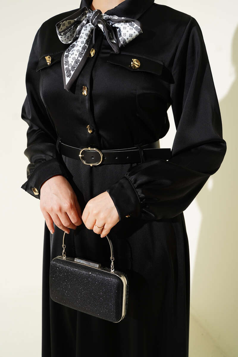 Belted Satin Evening Dress with Scarf - Black
