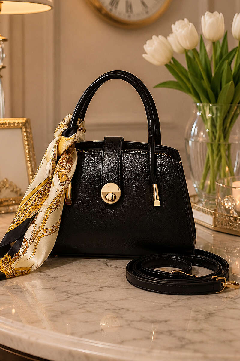 Zip Bag with Scarf and Lock Detail - Black