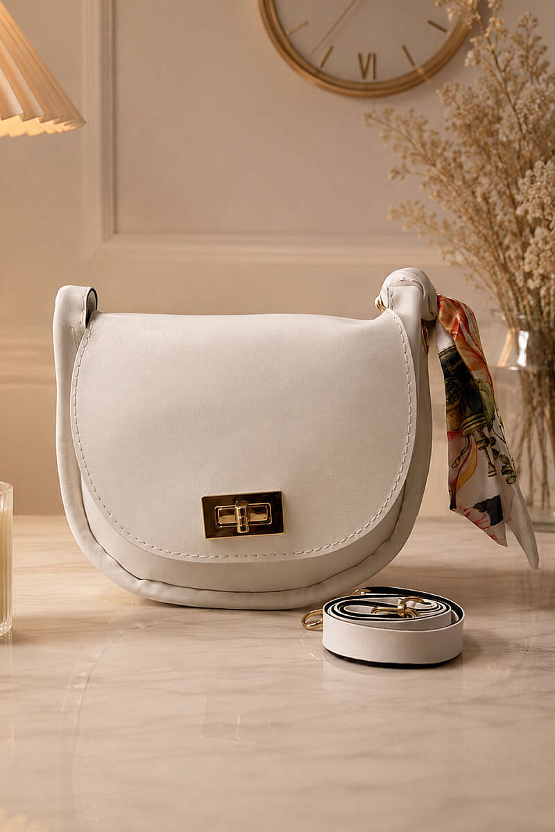 Oval Bag with Scarf and Lock Detail - White