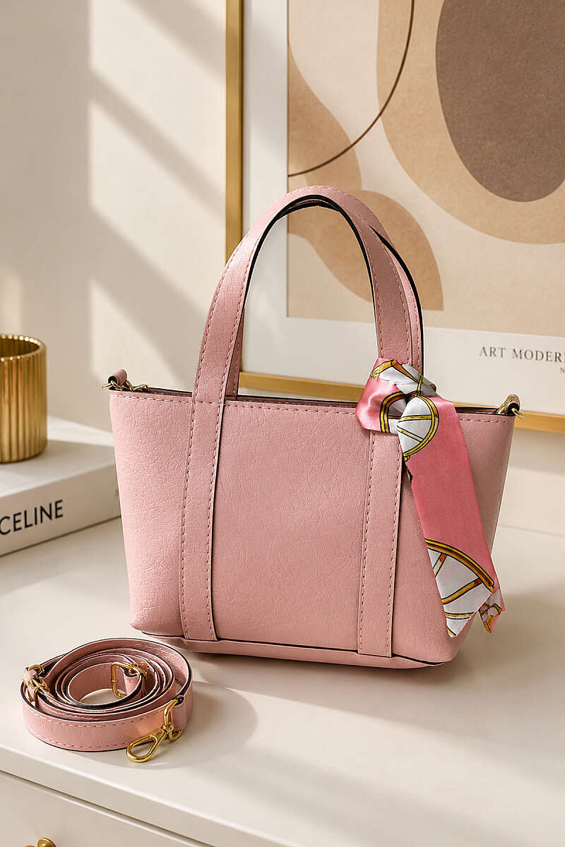Handbag with Scarf and Front Stitching - Powder