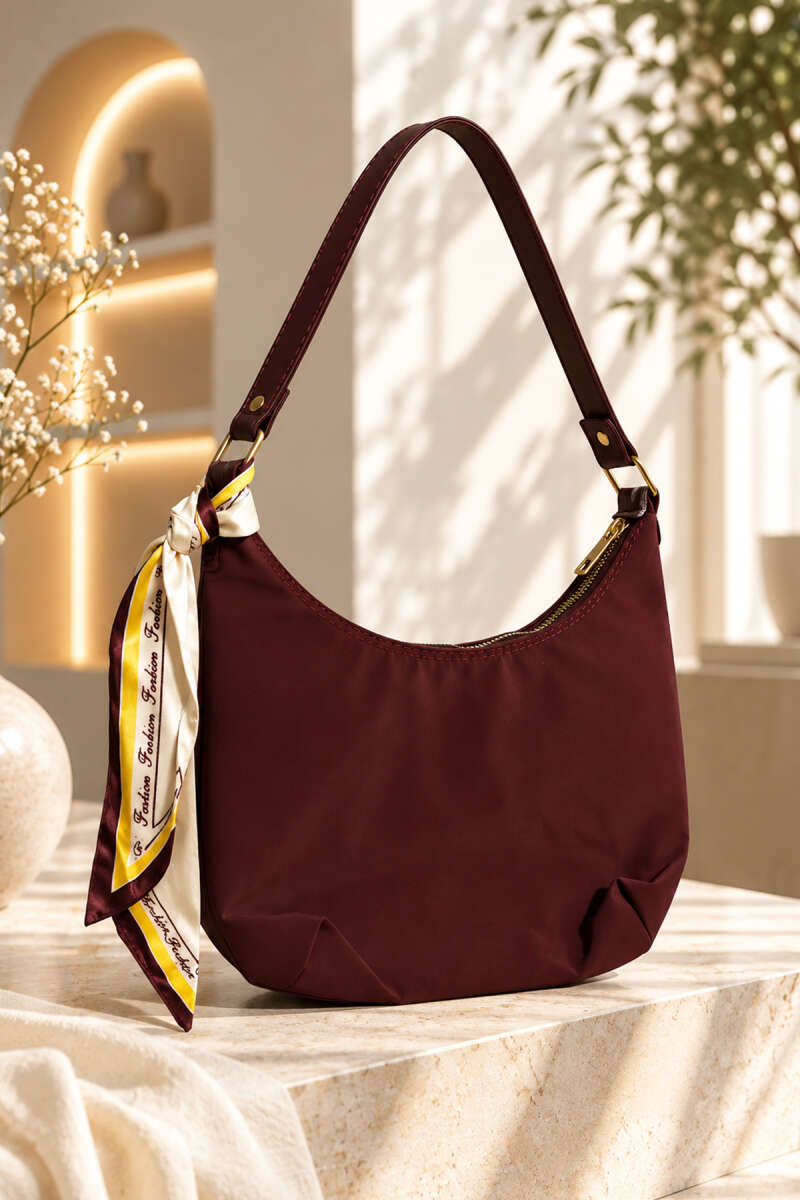 Oval Shoulder Bag with Scarf - Burgundy