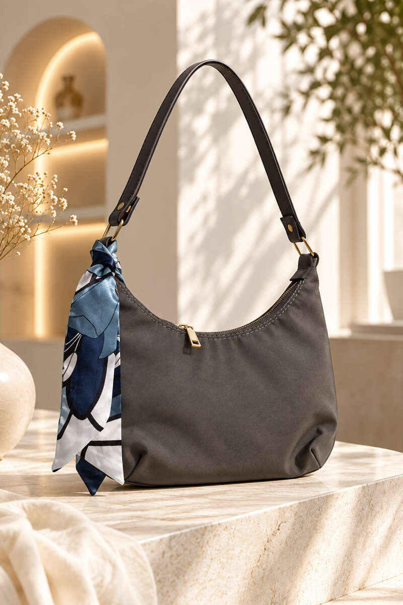 Oval Shoulder Bag with Scarf - Grey
