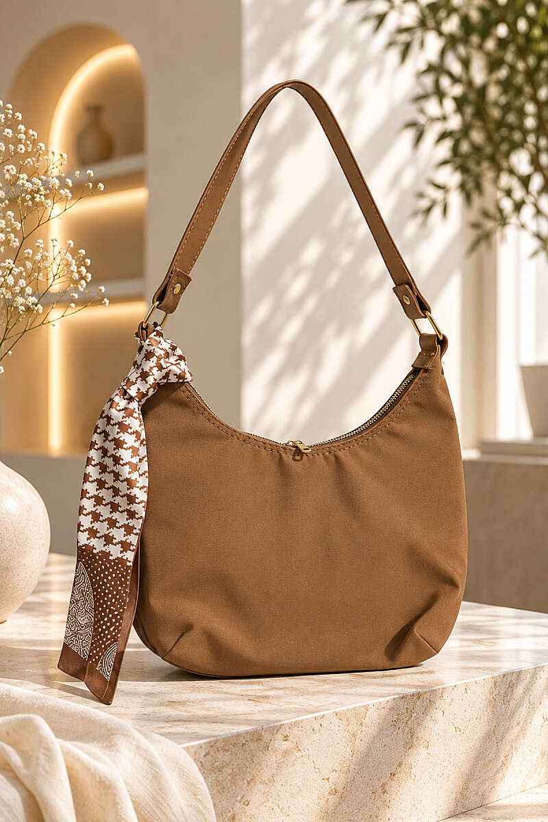 Oval Shoulder Bag with Scarf - Tan