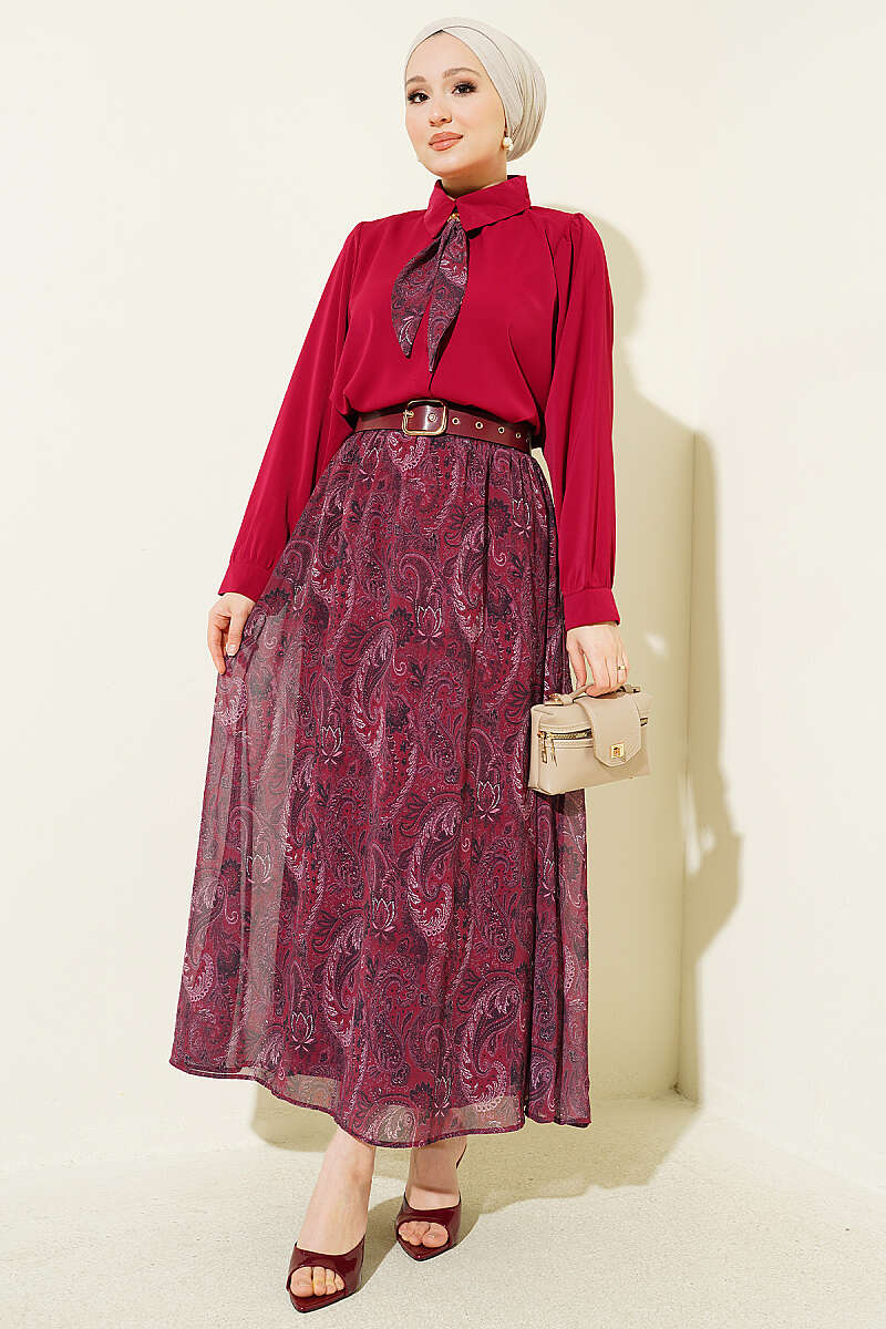 Retro Print Chiffon Skirt Set with Scarf - Burgundy