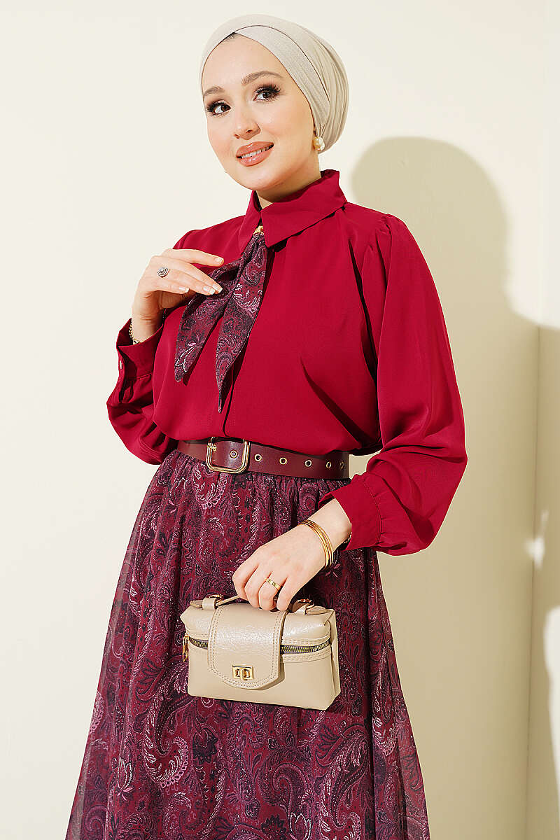Retro Print Chiffon Skirt Set with Scarf - Burgundy