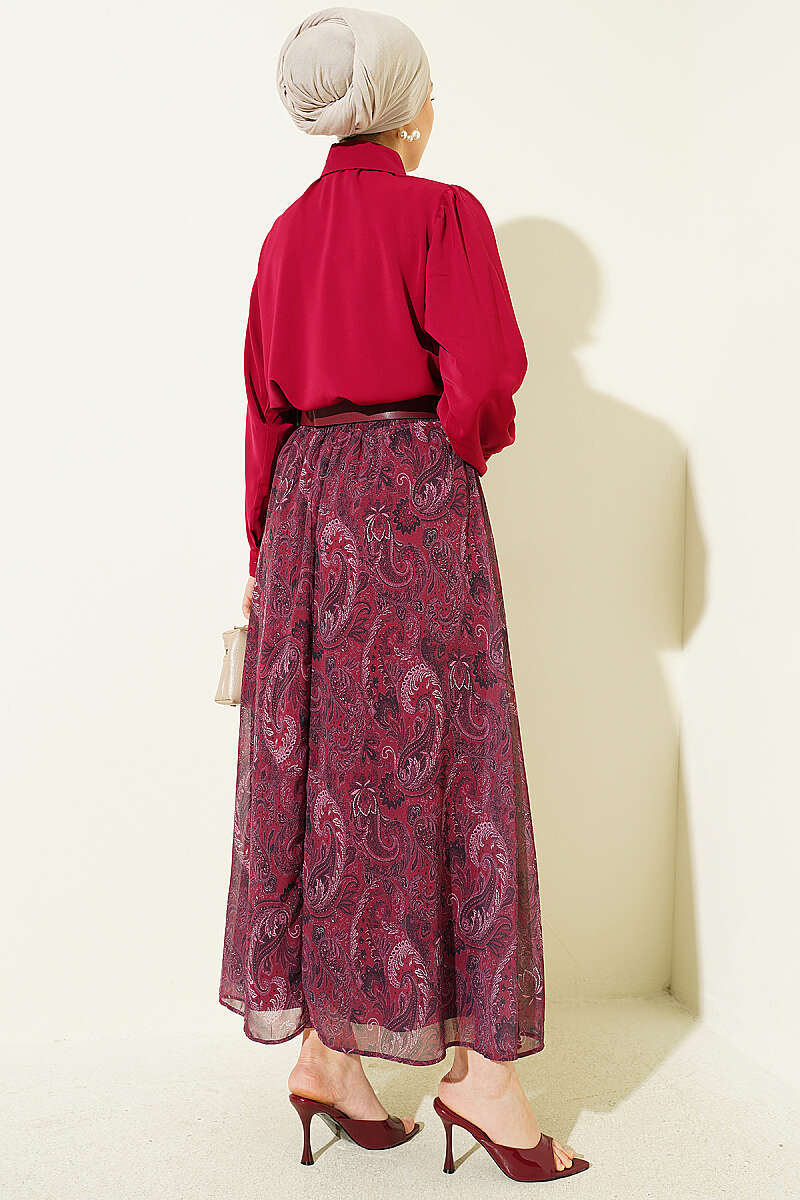 Retro Print Chiffon Skirt Set with Scarf - Burgundy