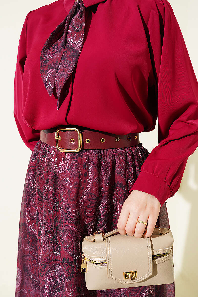 Retro Print Chiffon Skirt Set with Scarf - Burgundy