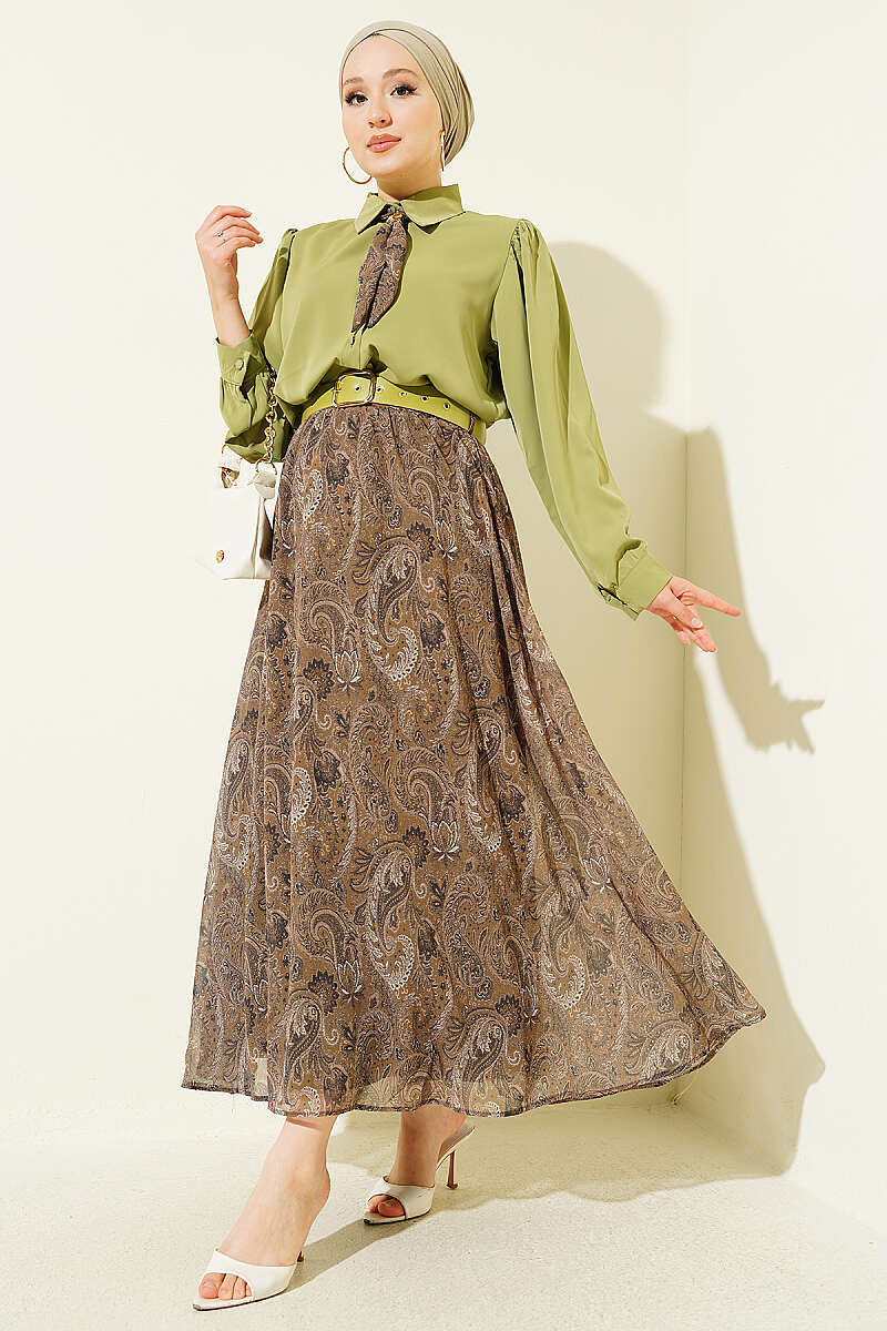 Retro Print Chiffon Skirt Set with Scarf - Almond Green
