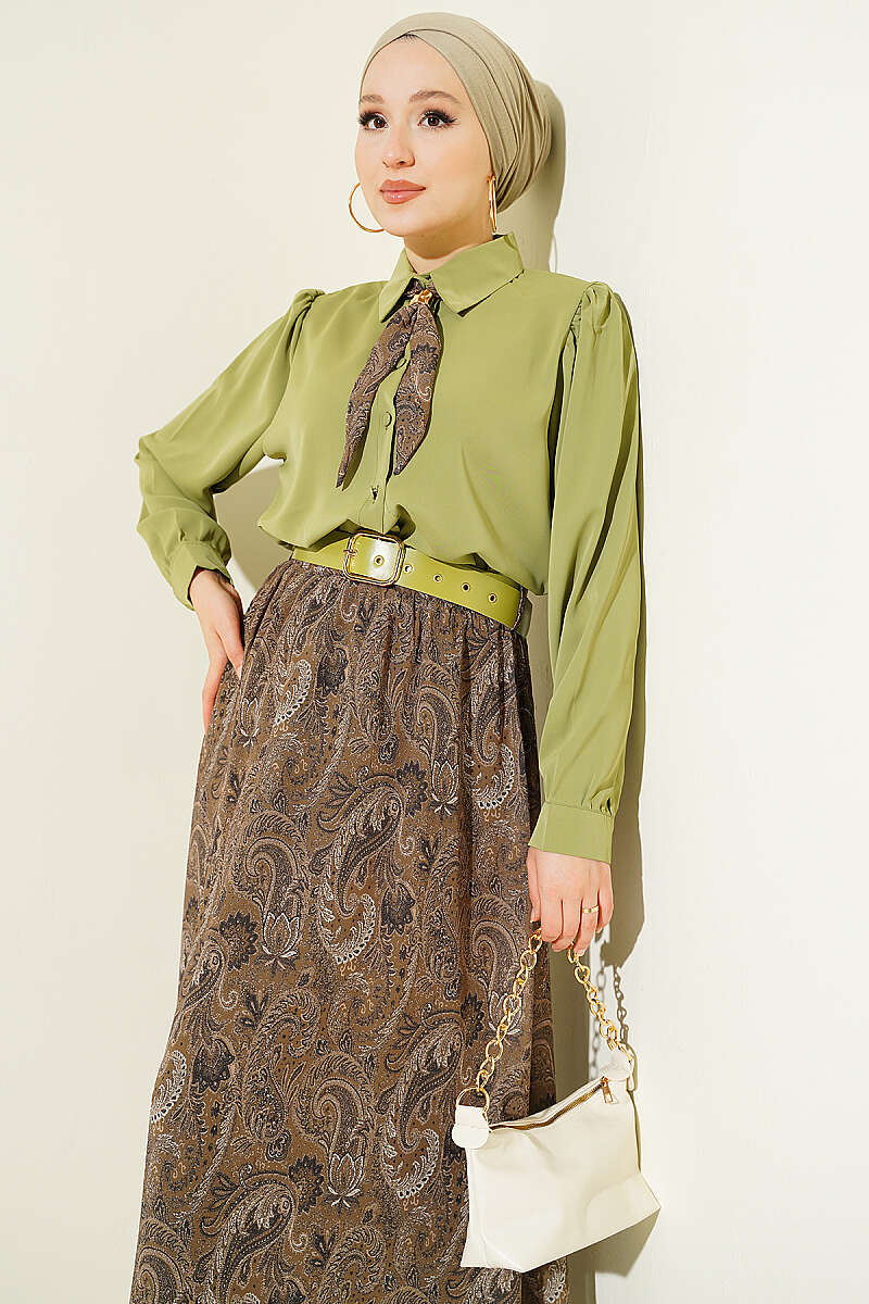 Retro Print Chiffon Skirt Set with Scarf - Almond Green