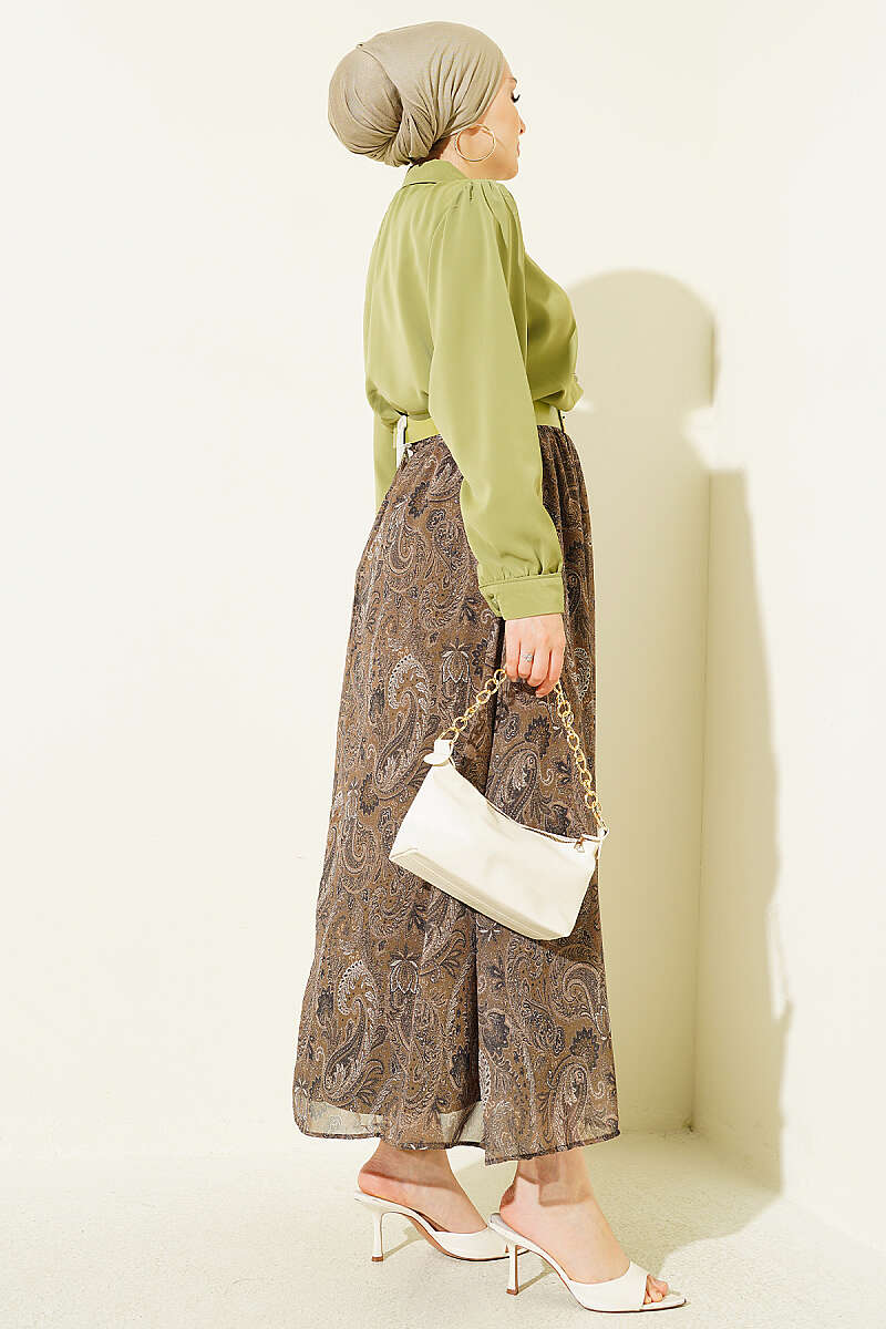 Retro Print Chiffon Skirt Set with Scarf - Almond Green