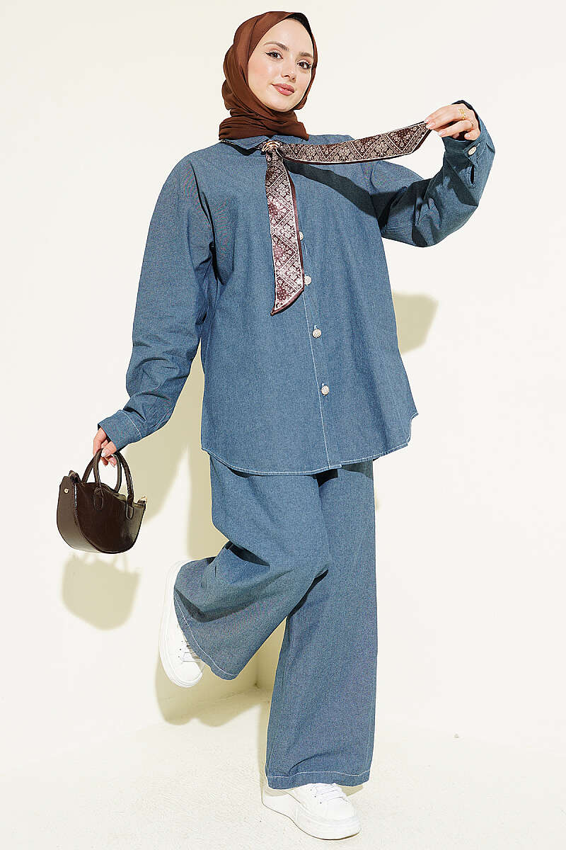 Denim Two-Piece Set with Scarf and Stone Buttons - Classic Denim