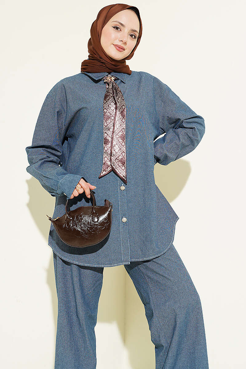 Denim Two-Piece Set with Scarf and Stone Buttons - Classic Denim
