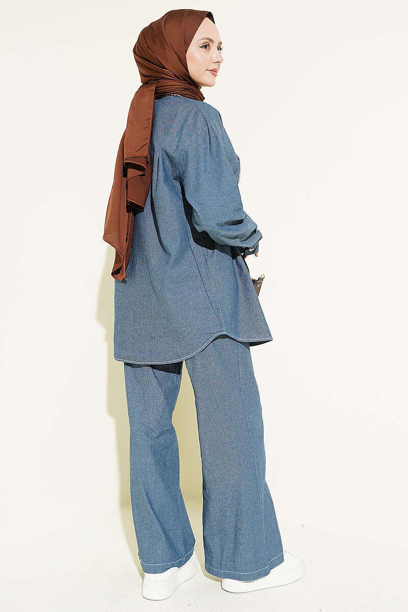 Denim Two-Piece Set with Scarf and Stone Buttons - Classic Denim