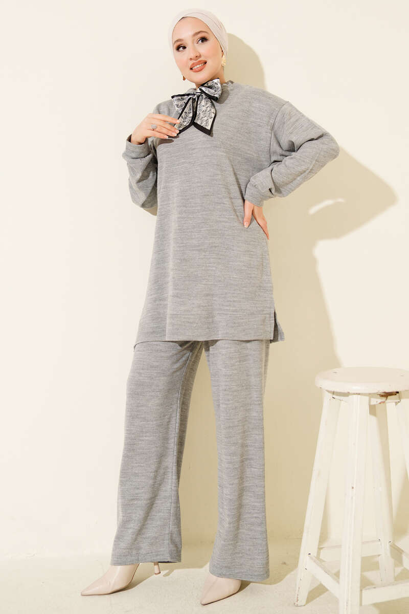 Knit Two-Piece Set with Scarf - Grey
