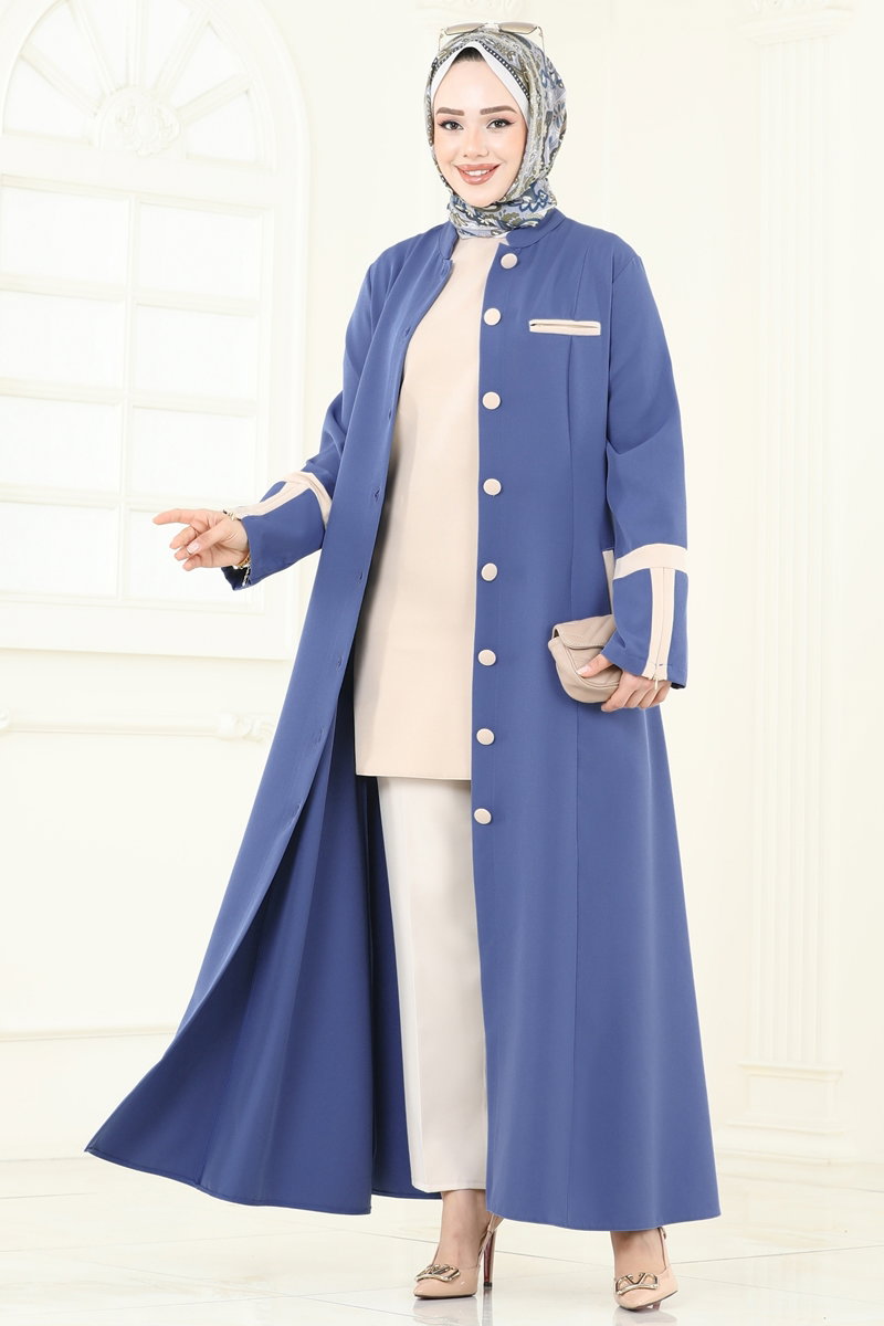 Abaya Coat with Contrast Trim - Indigo