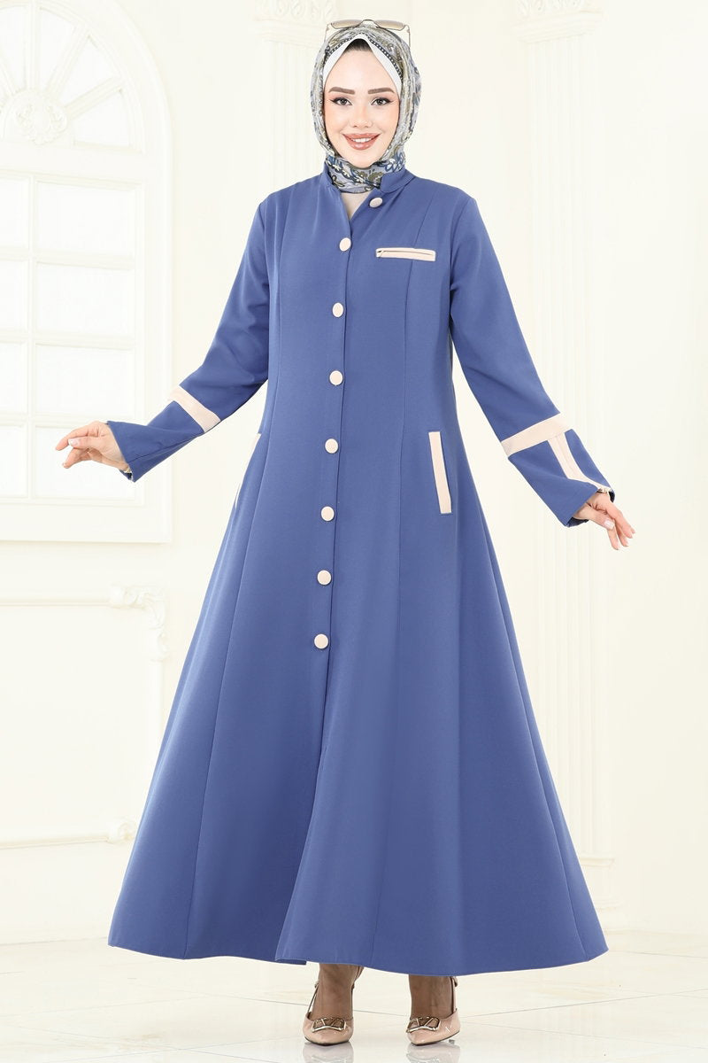 Abaya Coat with Contrast Trim - Indigo