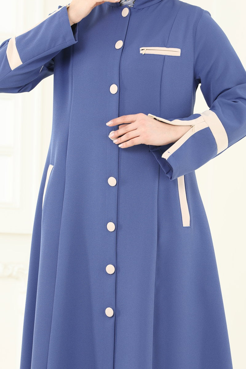 Abaya Coat with Contrast Trim - Indigo