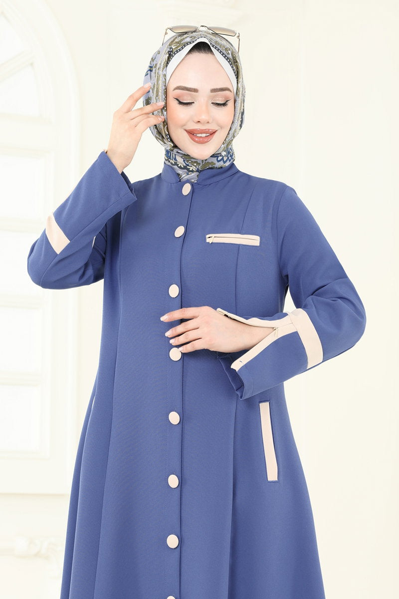 Abaya Coat with Contrast Trim - Indigo