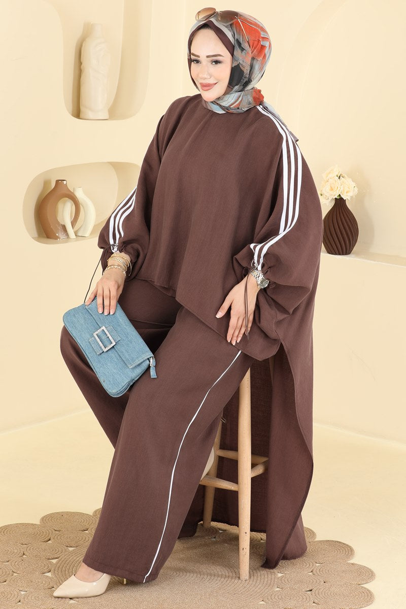 Tencel Two-Piece Set with Contrast Piping - Brown