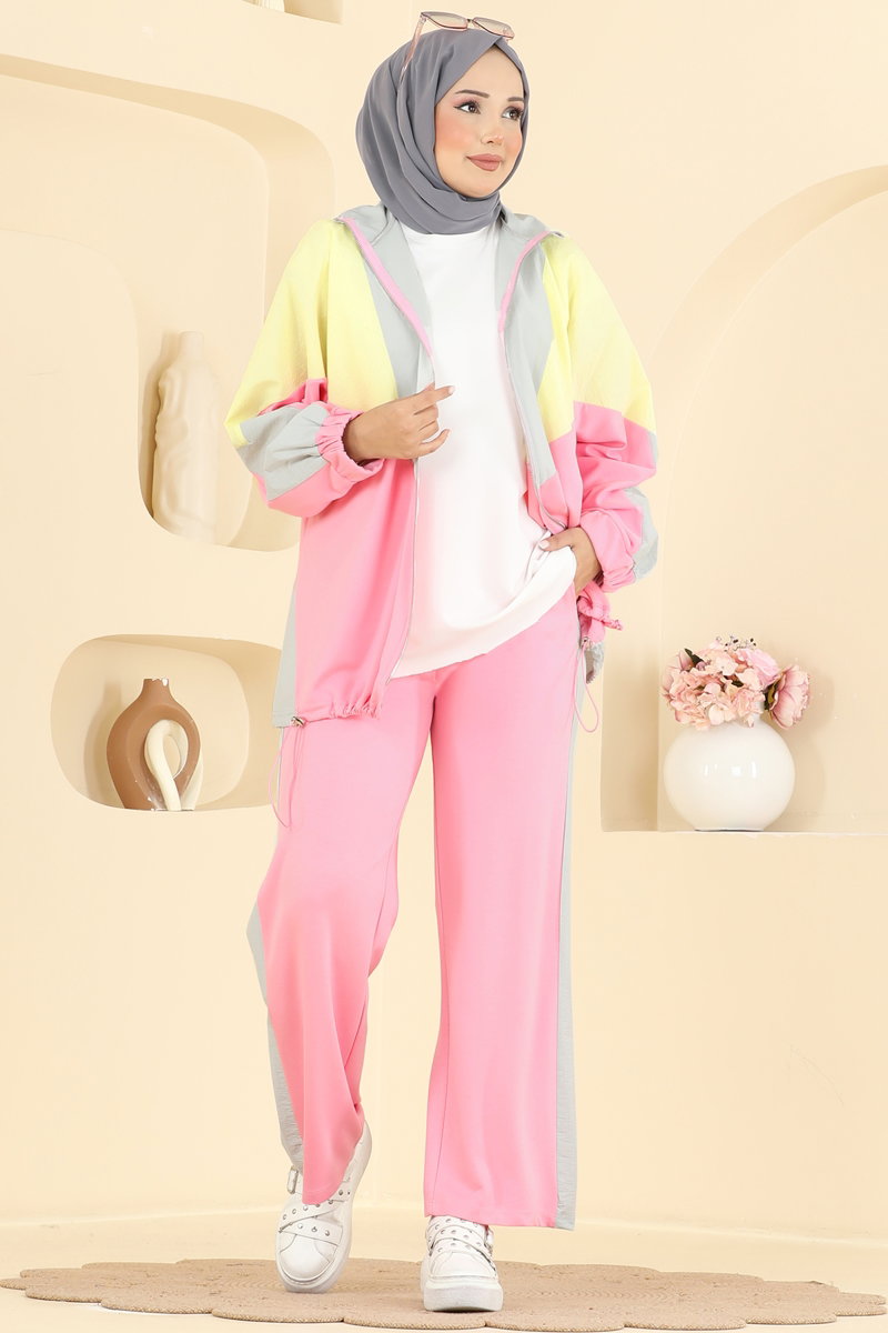 Two-Piece Set with Contrast Piping - Grey-Pink